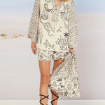 Live By Water Satin Unique Print Tassle Shirt and Elastic Waist Shorts Set