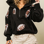 Rugby Sequined Hoodie Zipper Drawstring Long Sleeve Sweatshirt Top