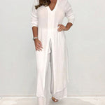 Nadorine Casual Two Pieces Suit V-Neck Long Sleeve Slit Hem Shirt Tops Wide-Leg Pants Sets