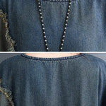 Original Loose Denim Contrast Color Round-Neck Long Sleeves Midi Dress