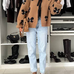 Vernie Knit Jewelry Pendant Bow Pattern Front Tie-up Long Sleeve Loose Cardigan