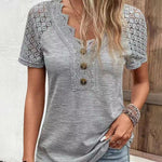 V Neck Lace Ribbed Tops Decoration Button Down T-Shirts Summer Short Sleeve Casual Blouse