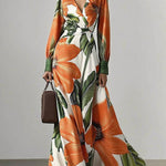 Long Sleeves Loose Flower Print Pleated V-Neck Maxi Dresses