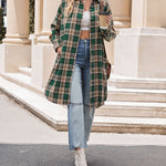 Nadorine Plaid Longline Button-Up Shacket Lapel Neck Long Sleeve Shirt Pocket