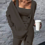 Women Three Pices Set Knitted Solid Cardigan Tops Tank Top and Casual Loose Long Pants
