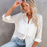 Nadorine Long Sleeve Button Up Shirt Summer Sheer Tulle Top for Women Casual Loose Business Casual 2026 | Under