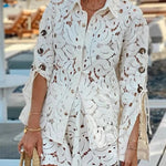 Always Favourite Lace Hollow Tie-up Slit Long Sleeve Shirt and Elastic Waist Shorts Set