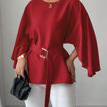 Batwing Sleeves Split-Joint Tied Waist Round-Neck Blouses&Shirts Tops