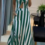 Striped Print Off-Shoulder Long Casual Top and Loose Pocket Straight Pants Set