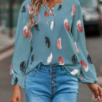 Nadorine Loose V-Neck Feather Print Notched Neck Balloon Sleeve Shirt for Women Casual Work Office Loose Fit 2026 | Under $40