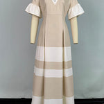 A-Line Flared Sleeves Contrast Color Pleated V-Neck Maxi Dresses