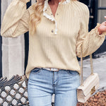 Solid Color Stand Collar Lace Long Sleeve Top Pullover