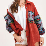 Nadorine Corduroy Patch Print Pocket Coat Long Sleeve Jacket Top