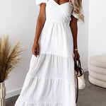 Short-sleeved off-the-shoulder solid-color backless strappy temperament commuter high-waist dress