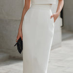 High-Neck Sleeveless Structured Midi Dress