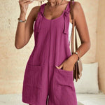 Knot Front Pocket Patched Overall Shorts Romper Without Tube Top Jumpsuits