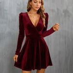 Sexy V Neck Long Sleeve Velvet Mini Dress