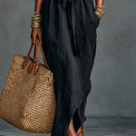 Women's Minimalist Linen Blend Embroidered Drawstring Short-sleeved Maxi Dress