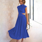 Stand Collar Solid Color Hollow Waist Long Dress