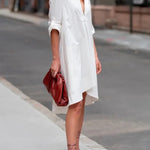 High-Low Long Sleeves Solid Color Lapel Midi Dresses Shirt Dress