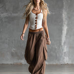 Stylish Sporty White Tank Top And Brown Sweatpants Set
