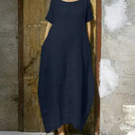 Round NeckKnee Length Summer Dress Casual Short Sleeves Loose Oversized Dress
