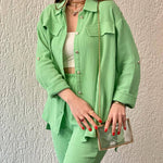 Nadorine Double Crepe Loose Oversized Lapel Long Sleeve Shirt Casual Pants Set