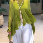 Romantic Journey Chiffon Ruffle Batwing Sleeve Top and Elastic Waist Pocket Loose Pants Set