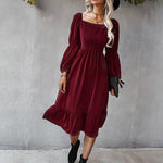 Solid Square Neck Bishop Sleeve Flounce Hem Dress