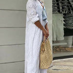Solid Color Hollowed-Out Embroidery Shirt Dress Casual Long Sleeve Maxi Dress