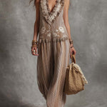 Lightweight Boho Embroidered Striped Chiffon Sleeveless Jumpsuit
