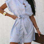 Single-breasted Jumpsuit with Large Pockets Solid Color Shorts Jumpsuits