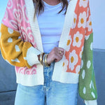 Orange Flower & Dotted Print Colorblock Open Front Cardigan