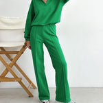Nadorine Casual Two-Piece Set V-neck Fleece Sweatshirt High-waisted Wide-leg Pants