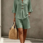 Button-down V-neck Ruffled Top And Shorts Set
