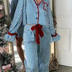 Striped Printed Color-blocked Trim Long-sleeved Loose Top and Elastic Waist Belt Wide-leg Pants Set