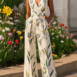Sleeveless Wide Leg No Belt Pleated Printed Split-Joint V-Neck Jumpsuits