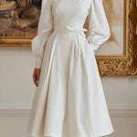 A-Line High Waisted Pleated Pockets Solid Color Tied Waist High Neck Midi Dresses