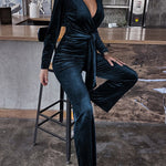 Solid Color Velvet Deep V Belt Slim Jumpsuit