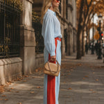 Stylish Casual Blue Striped Shirt And Color-Block Wide-Leg Pants Cotton-Linen Set
