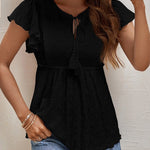 Nadorine Eyelet Tie-Neck Flutter-Sleeve Top Solid Color Casual Blouse for Women Casual Work Office Loose Fit 2026 | Under $40