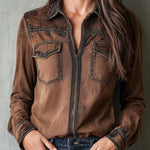 Vintage Brown Washed Contrast Stitching Utility Zip Shirt Jacket