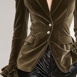 Solid Color Lapel Ruffled Single-breasted Velvet Blazer