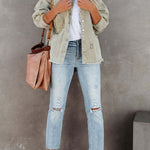 Stylish Lapel Long Sleeve Ripped Denim Jacket