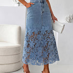 Women's Guipure Lace Spliced Denim Skirt High Waisted Jean Skirt French-Style Casual Skirt