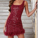 Feather Hem Glitter Sequin Sling Dress