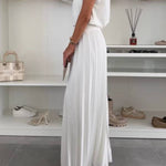Fashionable Round Neck Shoulder Pads Top and Elastic Waist Pleated Wide-leg Pants Set