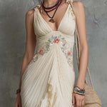 Boho-Vintage Elegant Embroidered Chiffon Ruffle Maxi Dress