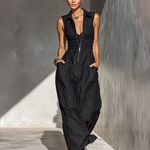 Women's Black Linen Fabric Sleeveless Maxi Dress With Front Zipper & Wide-Leg Pants