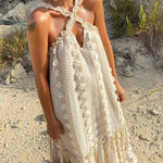 Flowy Cut Out Halter Neck Long Dress 3D Flower Chiffon Ruffle Frill Trim Puffy Swing Dress